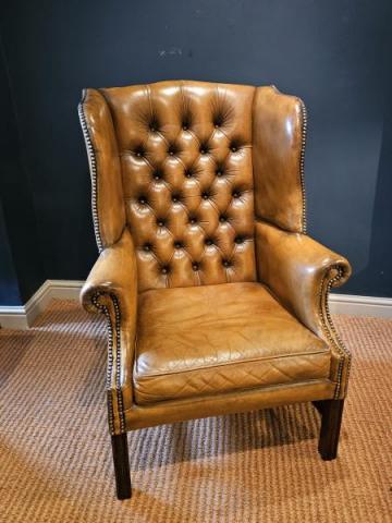 Antique Button Back Leather Wing Arm Chair at Sturmans Antiques chair for sale