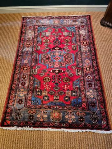 Antique 6" Long Nahavand Deep Red Persian Pure Wool Rug at Sturmans Antiques rugs for sale