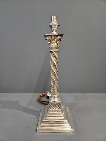 Antique Edwardian Silver Plated Corinthian Column Mount Lamp at Sturmans Antiques lamps for sale 