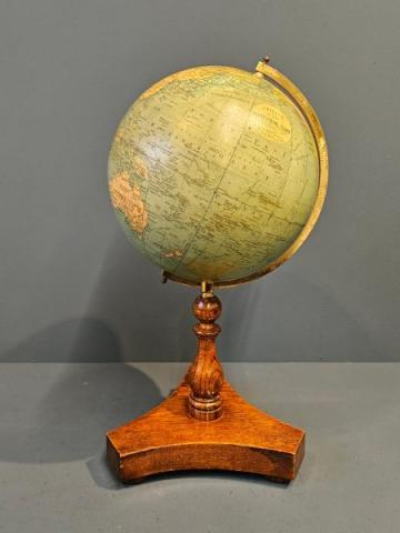 Antique 1930's 9" Plaster Library Globe on Oak Tripod Foot at Sturmans Antiques Globe for sale