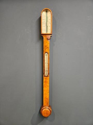 Antique Mid Victorian Burr Walnut Stick Barometer J & W Wood of Manchester at Sturmans Antiques barometer for sale