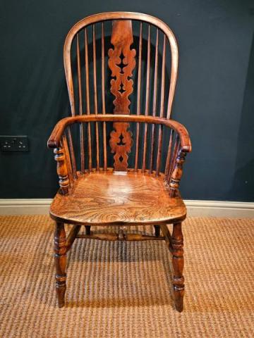 Antique George III Yew and Figured Elm High Back Windsor Chair at Sturmans Antiques furniture for sale