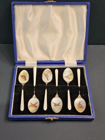 Antique Set of Six Silver Gilt Enamel Game Birds Coffee Spoons at Sturmans Antiques silver for sale