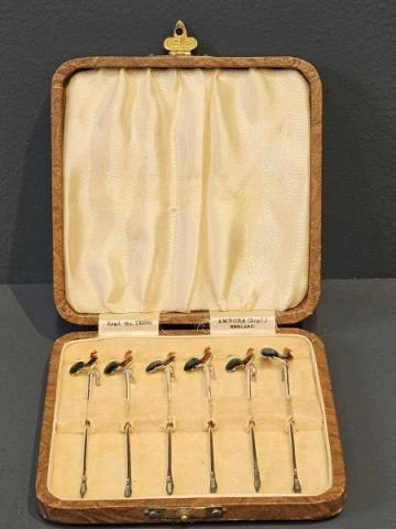 Antique Set of Six Silver and Enamel Cocktail Sticks by Adolph Scott Ltd of Birmingham at Sturmans Antiques silver for sale
