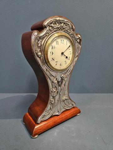 Antique Edwardian Silver Fronted Art Nouveau Mantel Clock by William Devenport of Birminhgham at Sturmans Antiques clocks for sale
