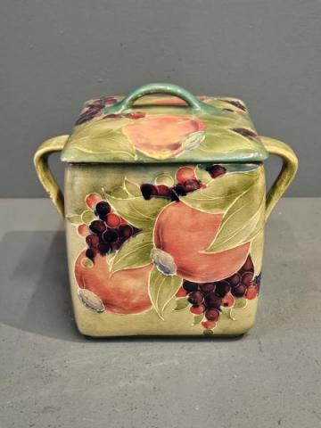 Antique Early Moorcroft Green Pomegranate Twin Handle Biscuit Box and Cover at Sturmans Antiques Moorcroft for sale