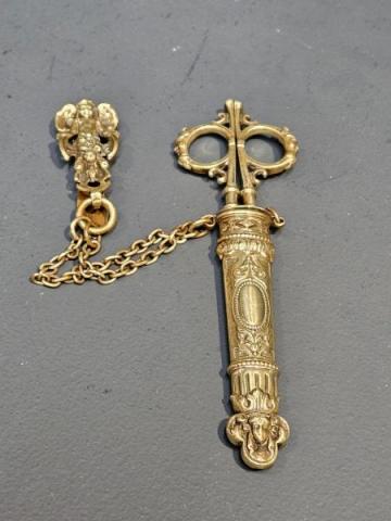 Antique Victorian Brass Scissors and Hanging Sheath at Sturmans Antiques metalware for sale