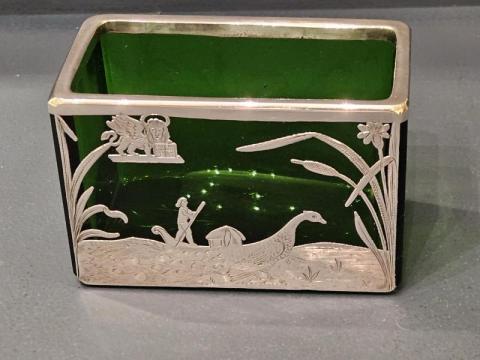 Antique Venetian Silver Overlaid Emerald Green Desk Tidy at Sturmans Antiques silver for sale