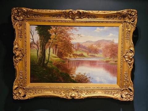 Antique William Mellor Oil on Canvas 'Bolton Abbey from the Warfe' at Sturmans Antiques painting for sale