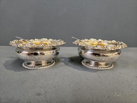 Antique Pair of Large George III Silver Salts and Matching Spoons at Sturmans Antiques silver for sale