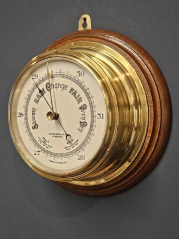 Antique Victorian Brass Bulk Head Ships Barometer by John Barker & Sons of Kensington of London at Sturmans Antiques barometer for sale