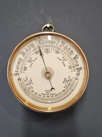 Antique Victorian Brass Cased Marine Barometer with Porcelain Dial and Crescent Thermometer at Sturmans Antiques Barometer for sale