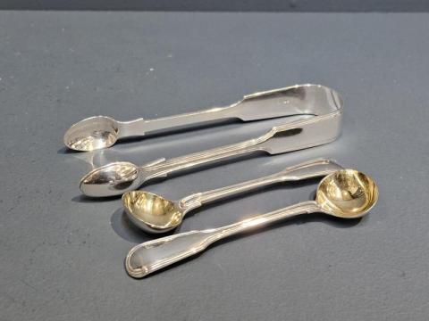 Antique Pair of 3.8 Troy Oz Sugar Spoons and Tongs by George William Adams of London at Sturmans Antiques silver for sale