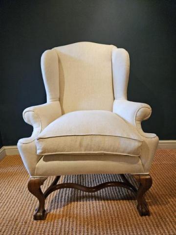 Antique Late Victorian Wing Back Arm Chair in Cream Linen at Sturmans Antiques furniture for sale