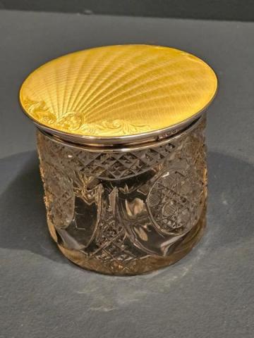 Antique Silver and Engine Turned Yellow Enamel Top Cut Crystal Vase by C.S. Green & Co of Birmingham at Sturmans Antiques silver for sale 