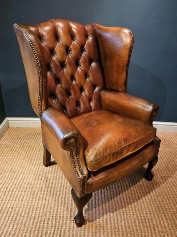 Antique 1930's Tan Leather Wing Back Arm Chair at Sturmans Antiques furniture for sale