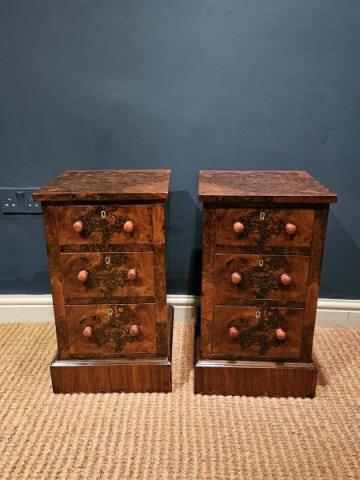 Antique Pair of Victorian Burr Walnut Bedside Chests at Sturmans Antiques furniture for sale