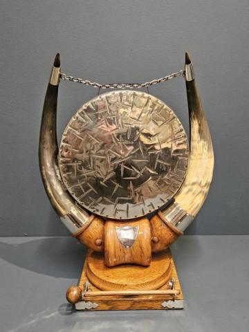 Antique Large Victorian Oak and Silver Plate Cow Horn Dinner Gong at Sturmans Antiques dinner gong for sale
