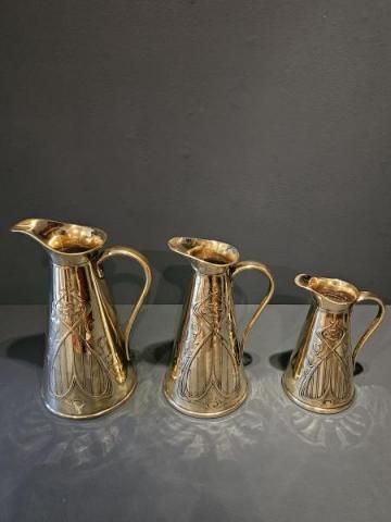 Antique Set of 3 Art Nouveau Brass Jugs at Sturmans Antiques metalware for sale
