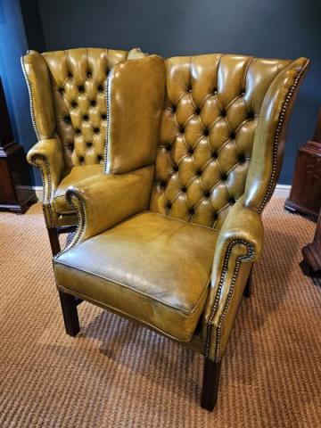 Antique Matching Pair of Leather Wing Back Arm Chairs at Sturmans Antiques furniture for sale