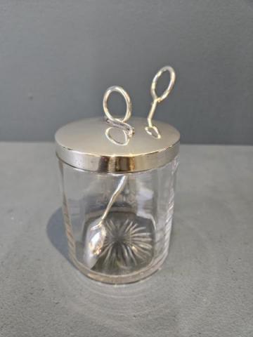 Superb Aspreys Silver Top Honey Pot and Spoon at Sturmans Antiques silver for sale