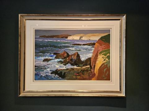 Antique Acrylic on Board painting by Donald McIntyre ' Cliffs Solva, Wales' at Sturmans Antiques Paintings and art for sale 