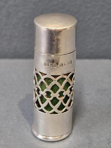 Antique Edwardian Silver and Emerald Glass Travelling Scent Bottle by Cohen & Charles of Birmingham at Sturmans Antiques silver for sale