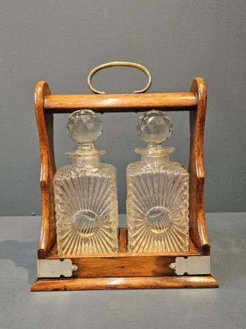 Antique Victorian Oak and Silver Plated 2 Bottle Tantalus at Sturmans Antiques tantalus for sale