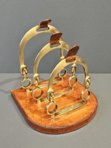 Antique Brass and Leather Riding Stirrup Letter Rack at Sturmans Antiques desktop antiques for sale