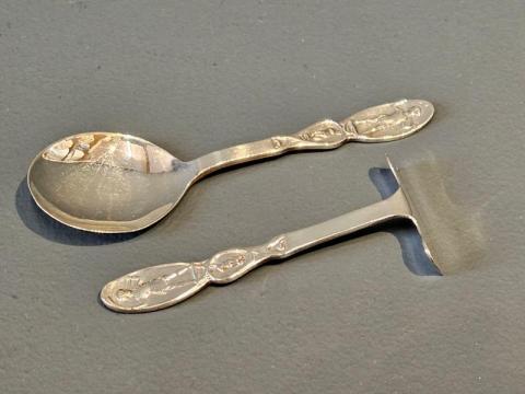 Antique Little Boy Blue Silver Pusher and Spoon at Sturmans Antiques silver for sale