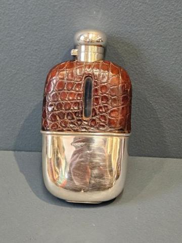 Antique Victorian Silver and Crocodile Skin Hip Flask at Sturmans Antiques silver for sale