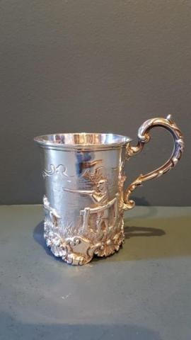 Antique Silver Tankard with Pheasant Shooting Scene at Sturmans Antiques silver for sale