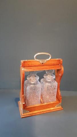 Antique Victorian Oak 2 Bottle Tantalus Cut Crystal Decanters